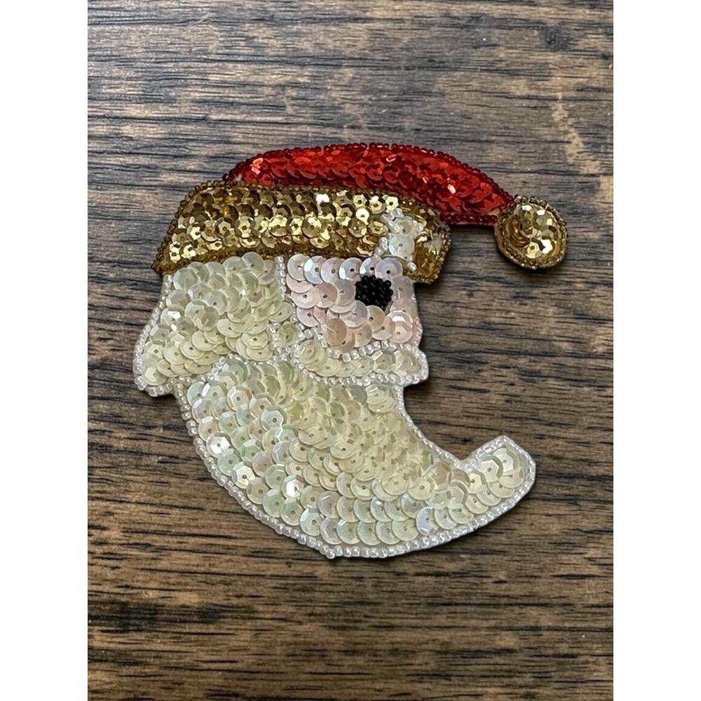 Fabric Santa Moon Brooch  Red Gold Sequin Beaded Christmas Pin